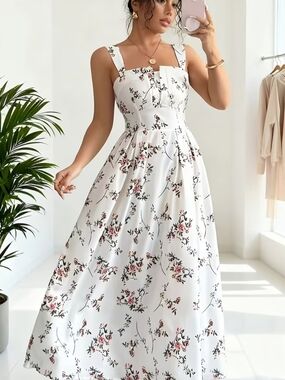 Women’s White Floral Maxi Dress with Pink Accent